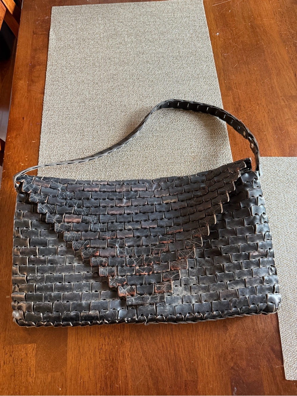 Vintage leather woven shoulder bag